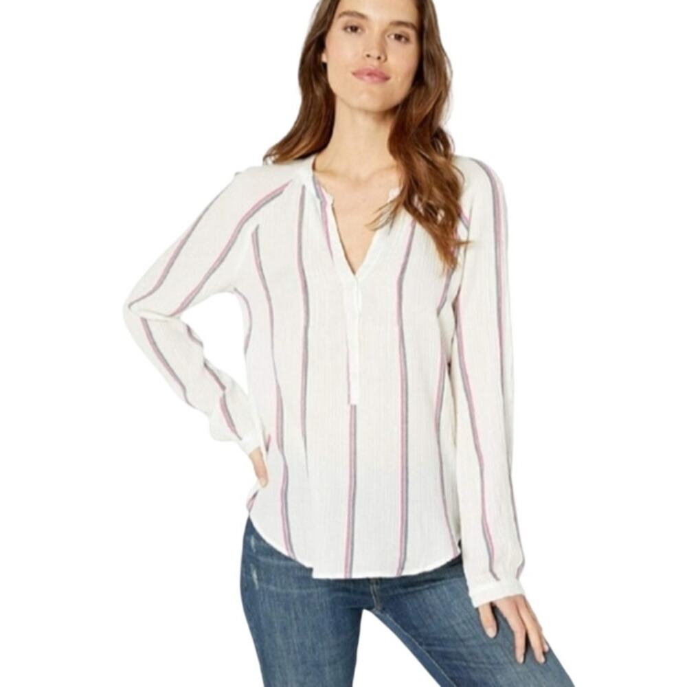 Lucky Brand Striped Henley Blouse Women M White Pink Gauzy Boho Long Sleeve NWT